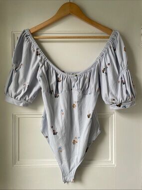 Free People Light Blue Floral Puff-Sleeve Bodysuit